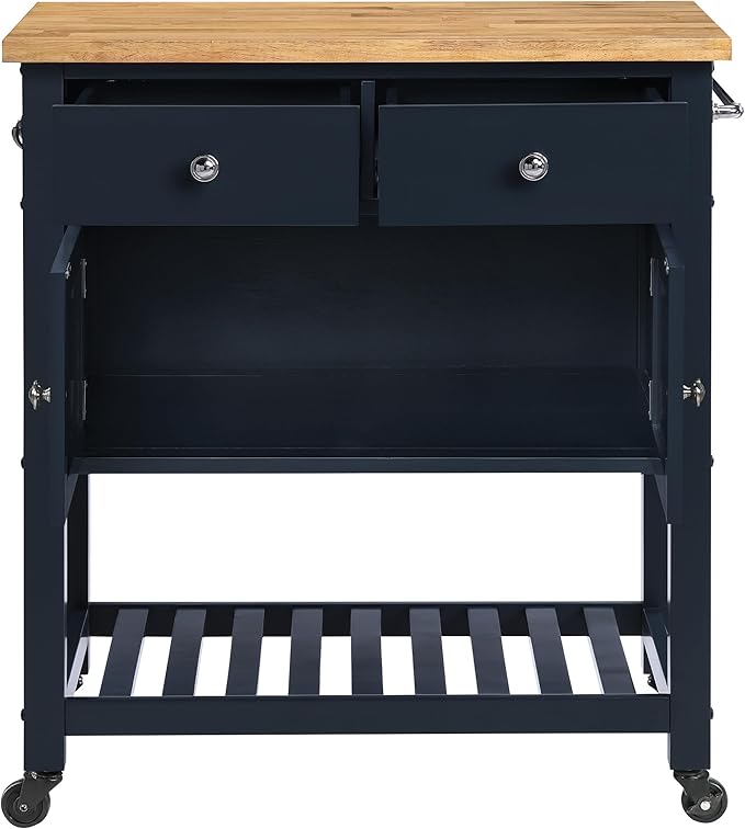 OSP Home Furnishings Stirling Farmhouse Kitchen Cart, Rolling Storage Cabinet with Drawers, Shelf, 5 Utility Hooks, Dark Blue with Natural Wood Top