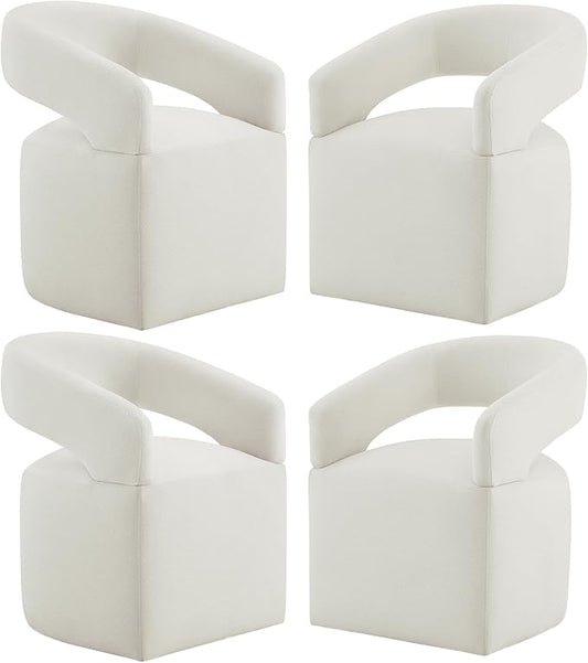 Upholstered Dining Chairs with Removable Casters Barrel Side Armchair with Rollers for Diningroom Bedroom Livingroom Reading Room, Ivory, 4PCS