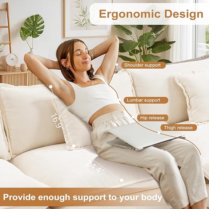 Furniliving Oversized Accent Chair with Ottoman, Luxury Chenille Single Sofa, Upholstered Deep Seat Chaise Lounge with Pillows for Living Room, Bedroom, Apartment, Beige