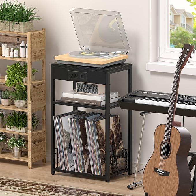 LELELINKY 3 Tier End Table with Charging Station, Black Record Player Stand with Storage Up to 100 Albums Brown, Night Stand with USB Port, Nightstand for Small Spaces