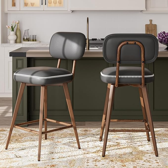 PU Leather Swivel Bar Stools Set of 2, Mid Century Counter Height Bar Chairs with Low Back and Metal Legs, Modern Bar Stool Chair for Kitchen Island, Black