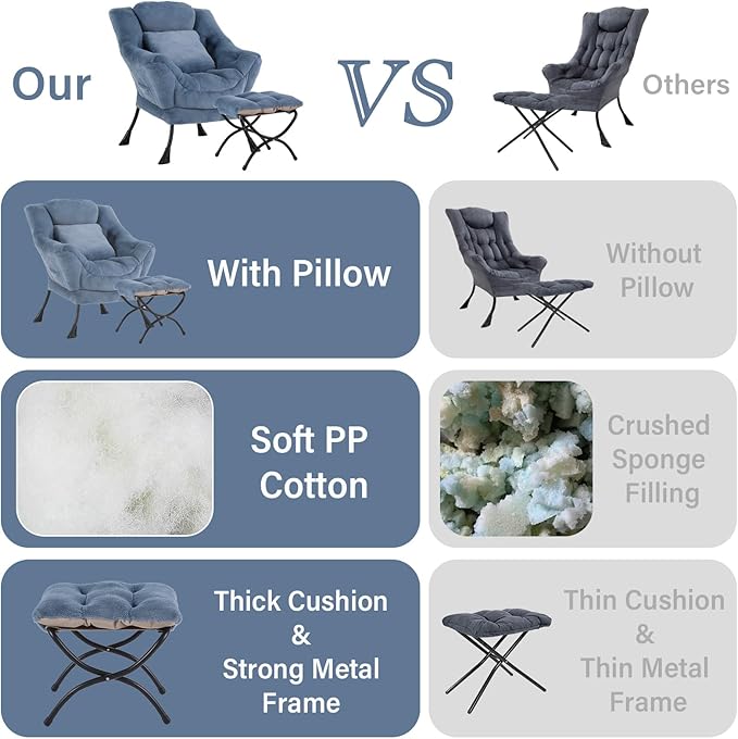Lazy Chair with Ottoman, Comfy Reading Lounge Chair with Footstool & Throw Pillow Modern with Armrests & Side Pocket for Living Room, Bedroom, Dorm Room, Plush Light Blue
