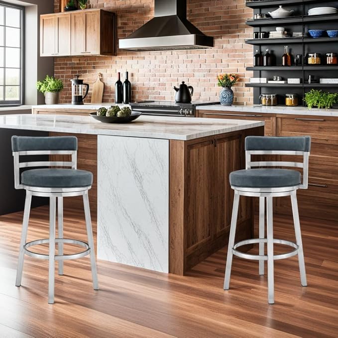Armen Living Madrid 26" Seat Height Swivel Modern Blue Faux Leather and Brushed Stainless Steel Bar Stool for Kitchen Island Counter