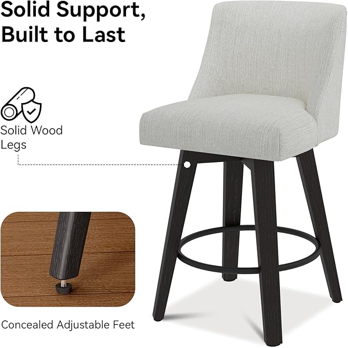 Counter Height Swivel Bar Stools Set of 6, 26 Inch Bar Stools with Footrest, Linen Fabric Upholstered Barstools with Back and Solid Wood Legs for Kitchen Island, Dining Room,Pub,White