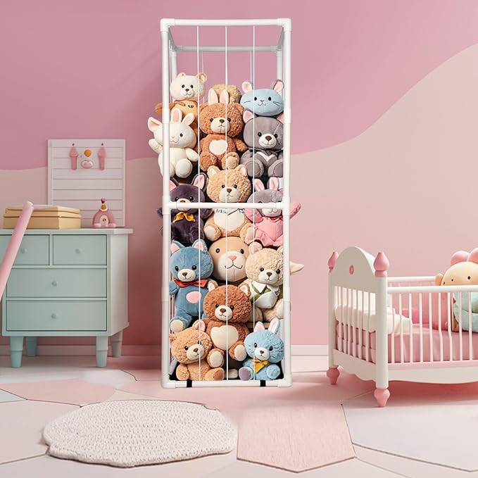 Stuffed Animal Zoo Storage - Tall PVC Material Toy Organizer with Elastic Cords & Shelf, Space-Saving Plushie Playhouse for Nursery, Playroom, Kids Bedroom - Easy Assembly
