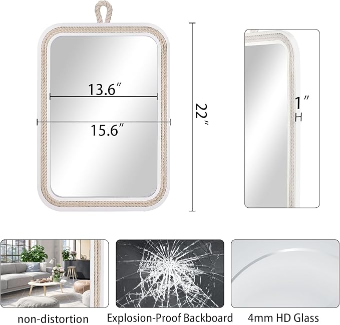 Nautical Rope Mirror Rectangular Hanging Mirrors for Wall 22''Lx16''W White Decorative Mirror Farmhouse Mirror with Rope for Bathroom,Livingroom,Entryway-Beachy Coastal Wall Decor