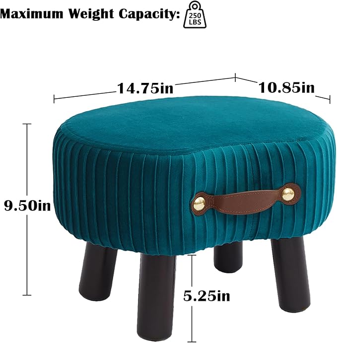Small Footstool with Handle, Velvet Ottoman Foot Rest with Padded Seat, Curved Foot Stool with Wooden Legs, Portable Foot Rest for Living Room, Bedroom, Entryway, Peacock Blue