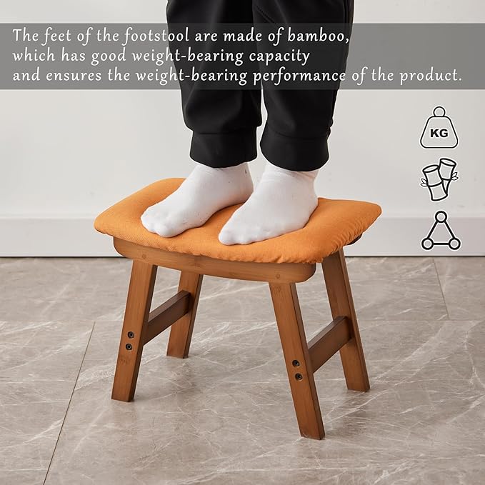 Foot Stool,Ottoman,Bamboo Small Sofa Foot Rest Under Desk,Extra Seating for Living Room, Bedroom and Kitchen(Brown Stool Legs - Orange Surface)
