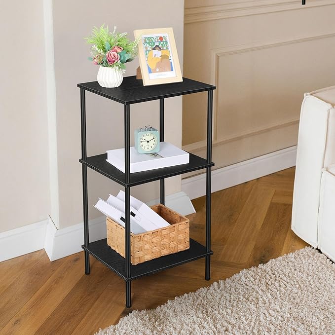 Tall Side Table with Storage 3 Tier Black End Table Metal Storage Shelves for Living Room Bedroom Bathroom Small Slim Table for Office
