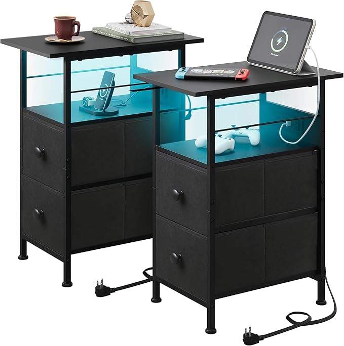WLIVE Nightstand Set of 2 with Charging Station, End Table Sets with LED Lights, 2 Fabric Drawers and Open Shelf, Bed Side Tables Living Room, Small Space, Night Stand for Bedroom, Black