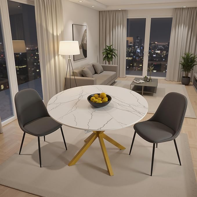 43"- 59" Extendable Dining Table for 4-6, Retractable Round Dinner Table Marble Oval Kitchen Tables Modern Steel Base Dining Room Tables for Small Space, Kitchen, Living Room, White & Gold