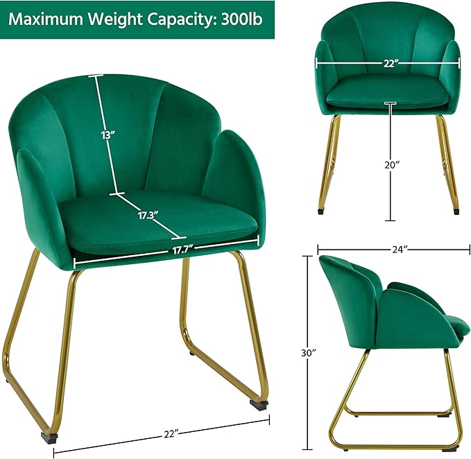 Yaheetech Flower Velvet Vanity Chair, Modern Side Chair Armchair with Golden Metal Legs for Living Room/Dressing Room/Bedroom/Home Office/Kitchen, Green