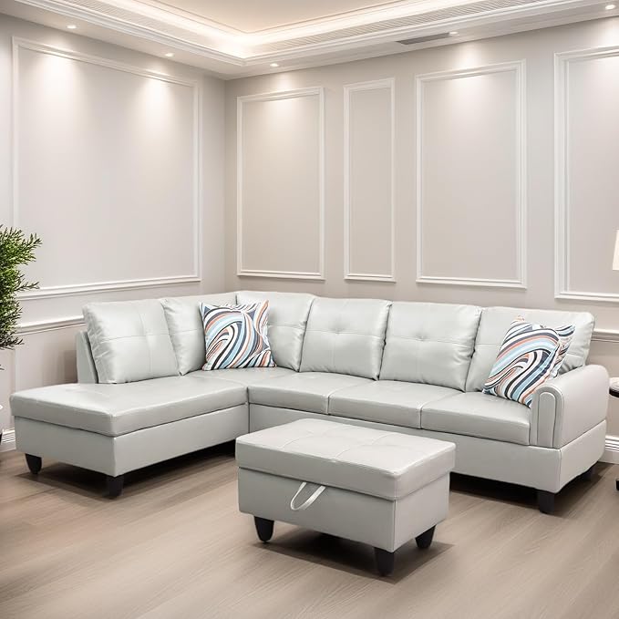 L Shaped Sectional Couches, Leather Couch Modular Sectional Sofa with Ottoman Storage, Modern L Shaped Couch with Chaise for Living Room Bedroom Apartment Furniture, White