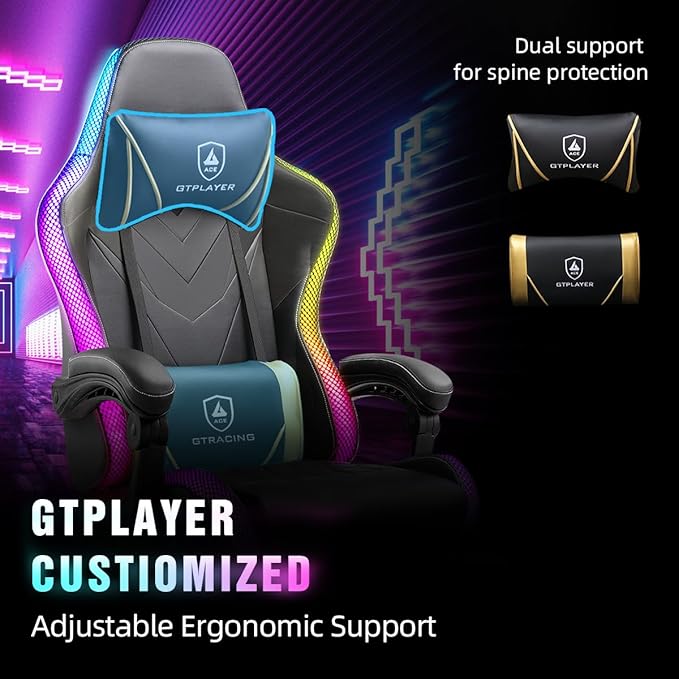 GTPLAYER Gaming Chair, RGB Gaming Chairs with LED Lights, Video Gaming Chair for Adults, Ergonomic Computer Gaming Chair with Linkage Armrest, Reclining Chair with Headrest (Without Massage, Black)