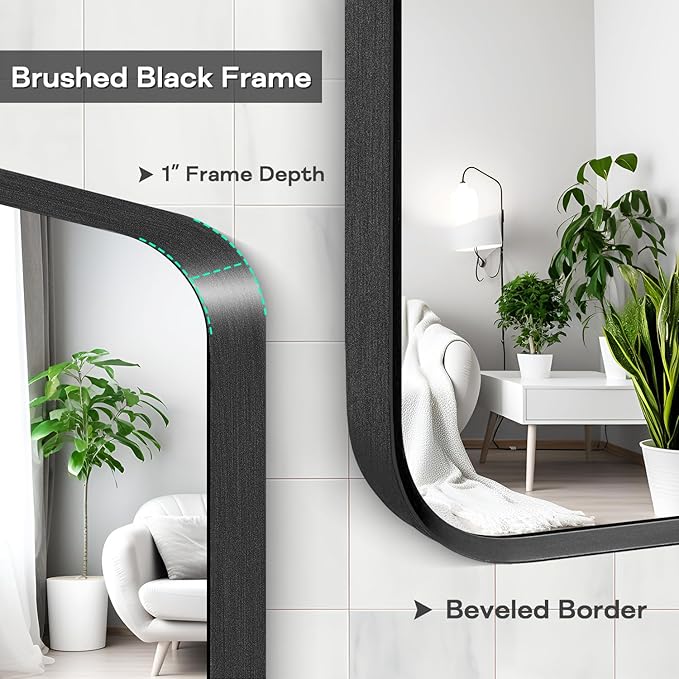 Black Metal Framed Bathroom Mirror for Wall, Brushed Matte Black Rounded Corner Rectangular Bathroom Vanity Mirror, Anti-Rust, Tempered Glass (30" x 36", Black)