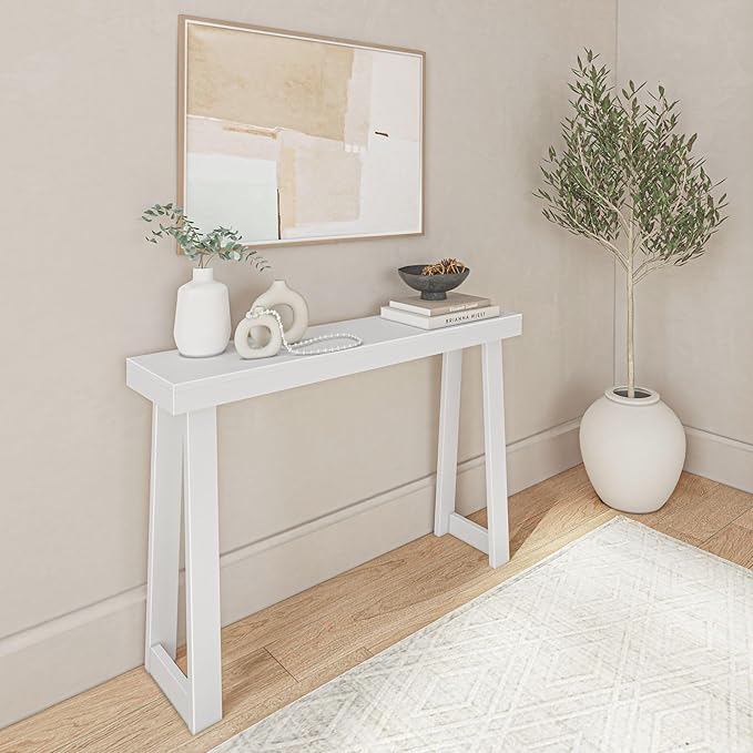 Plank+Beam Solid Wood Console Table, 46.25 Inch, Sofa Table, Narrow Entryway Table for Hallway, Behind The Couch, Living Room, Foyer, Easy Assembly, White