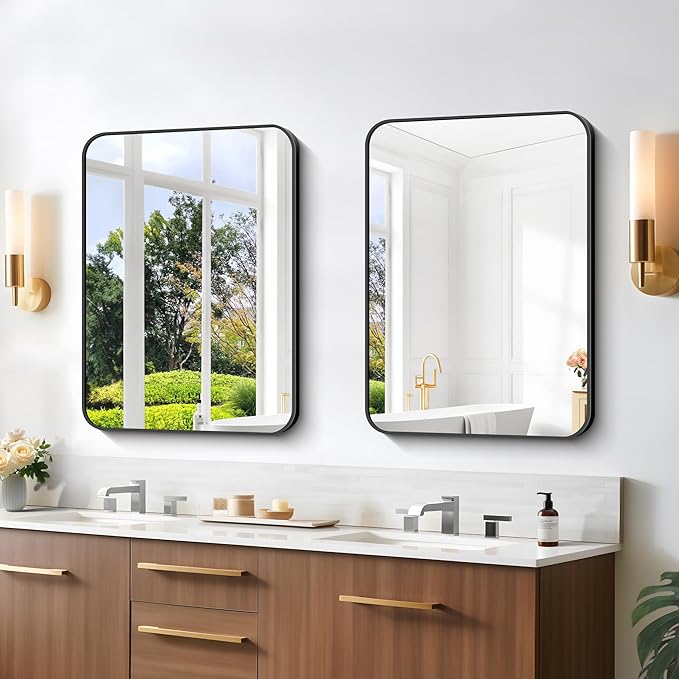 Bathroom Mirror, 18 x 24 inch Metal Framed Black Rectangle Mirror, Rounded Corner Rectangular Vanity Mirror, Wall Mounted Mirror for Modern Bedroom Living Room Hangs Horizontal or Vertical