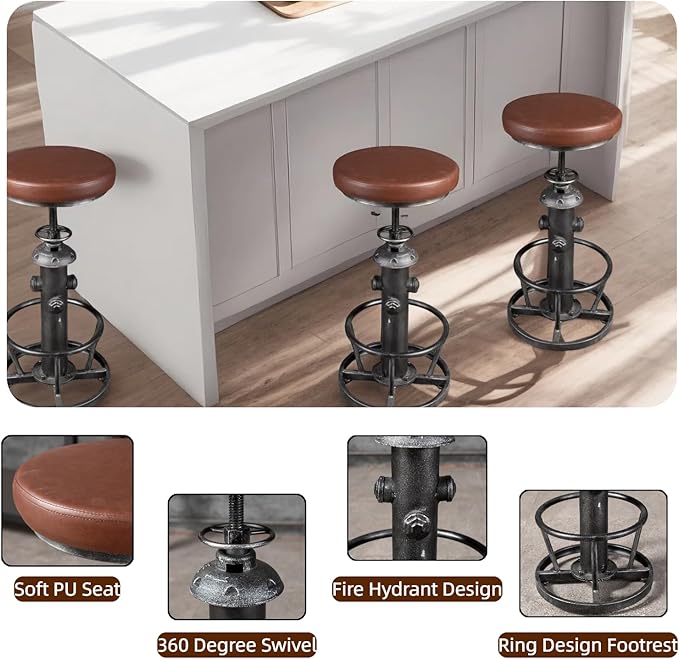 Industrial Swivel Bar Stools Kitchen Island Dining Chairs Pu Seat Bar Counter Height Adjustable 25-31inch