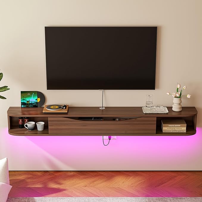 Floating TV Stand,55'' Wall Mounted TV Cabinet,Floating TV Console,Under TV Shelf with 1 Door and 2 Cabinets for TVs up to 65''(Walnut)