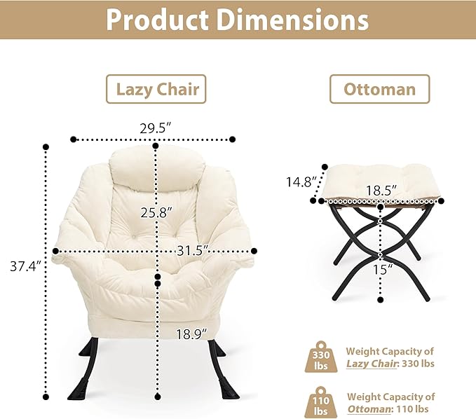 Lazy Chair with Folding Ottoman, Accent Chair Plush Upholstered with Metal Structure and Non-Slip Pads, Sofa Armchair with Footrest and Side Storage Bag for Dorm, Room, Office, Beige
