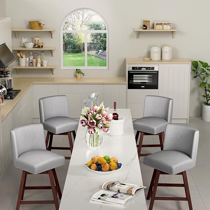 Counter Height Barstools Set of 4,360° Swivel Bar Stools with Back,26 inch Modern Counter barstools,Upholstered Bar Tall Stools for Kitchen Counter,Kitchen Island,Bar, Home (Light Gray, SET OF 4)