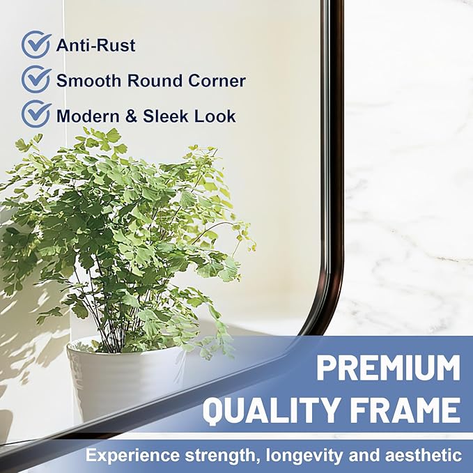 24x36 Inch Brushed Bronze Bathroom Mirror for Wall, Metal Framed Rectangle Mirror with Rounded Corner, Bathroom Vanity Mirror in Aluminum Alloy, Hangs Horizontally or Vertically