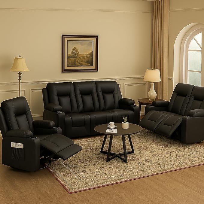 LUCKLIFE Leather Recliner Sofa Set with Manual Recliners,Living Room Furniture Set with Reclining Couch,Loveseat and Armchair,Living Room Chair with Cup Holders,Black (3+2+1)