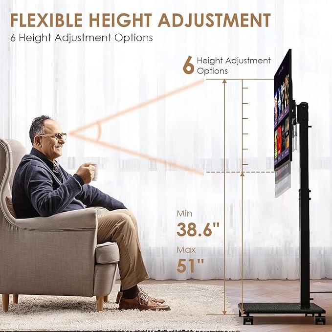 Rolling TV Stand with Power Outlet, Swivel Mobile Portable TV Cart for 32-75 Inch TVs up to 110 lbs, Landscape to Portrait, Height Adjustable Outdoor TV Stand with Wheels, Max VESA 600x400mm