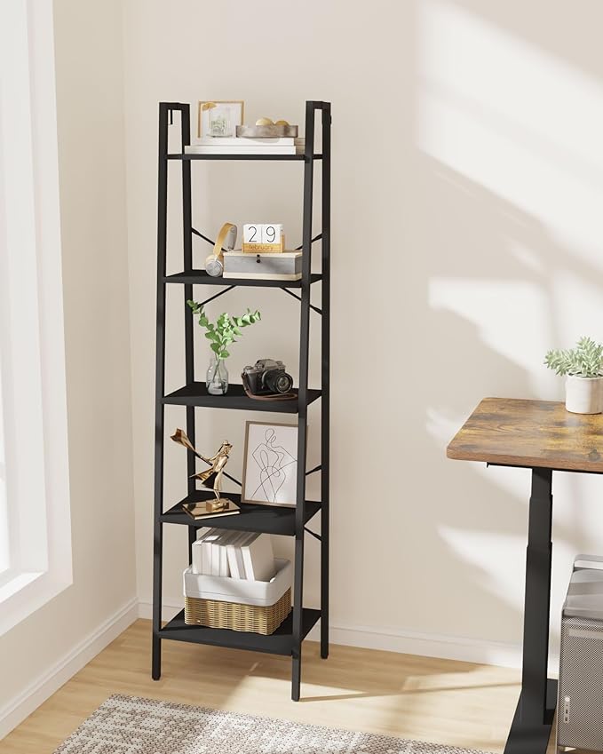 Ladder Shelf, Bookshelf Bookcase, Freestanding Corner Storage Shelve with 2 Hooks for Home Office, Living Room, Kitchen, Bedroom, Industrial, 5-Tier Black BC19204B