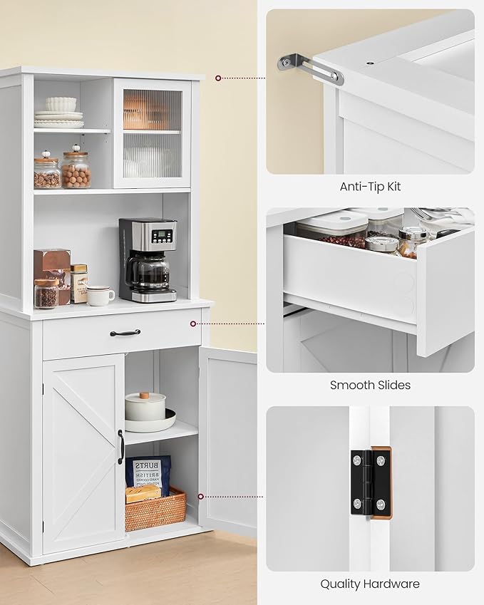 VASAGLE 71" Kitchen Pantry Cabinet with Lights and Charging Station, Coffee Bar Cabinet with Doors and Drawer, Farmhouse Style, Adjustable Shelves, Cloud White UBBK363W11