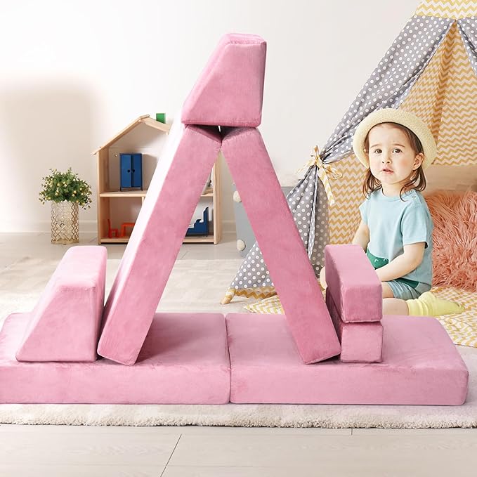 10Pcs Kids Play Couch,Toddler Sofa,Modular Kids Couch for Playing, Creativing, Sleeping (Pink)