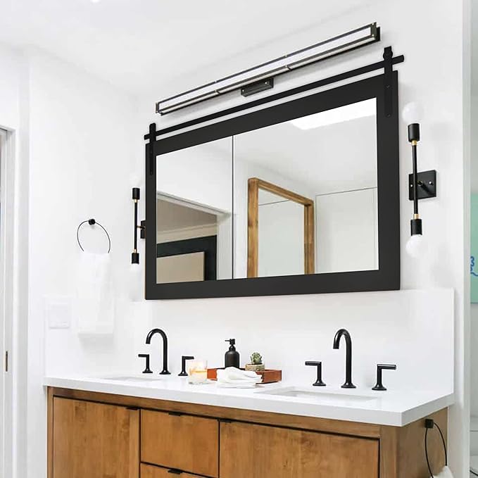 Black Farmhouse Mirror for Wall, 40x26INCH Large Wood Framed Square Bathroom Mirrors for Vanity, Barn Door Style Mirrors Wall Mounted Dresser Decor Mirror Living Room Bedroom Horizontal
