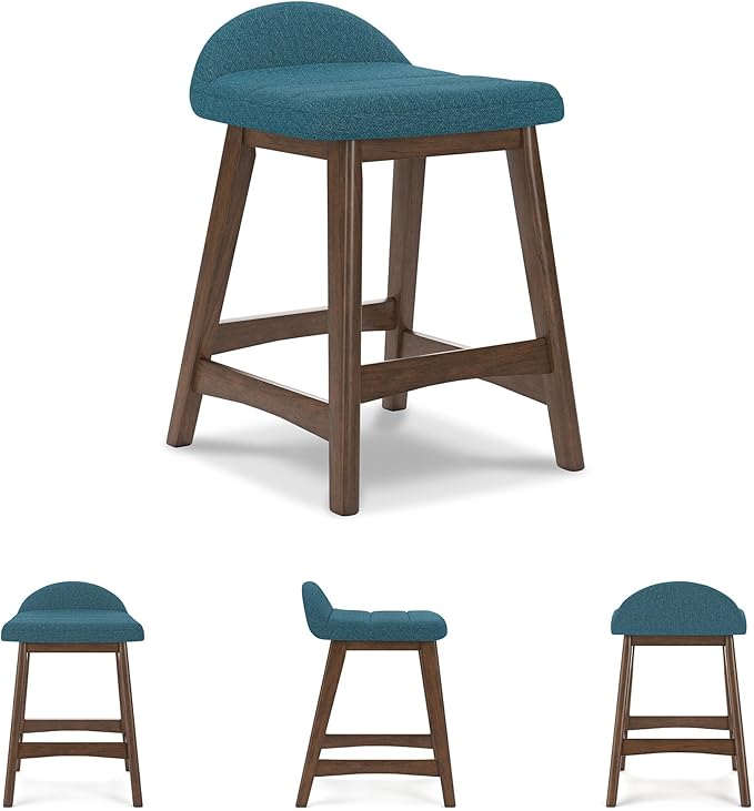 Signature Design by Ashley Lyncott Contemporary 28.5" Counter Height Upholstered Bar Stool with Foam Cushion, 2 Count, Blue & Brown
