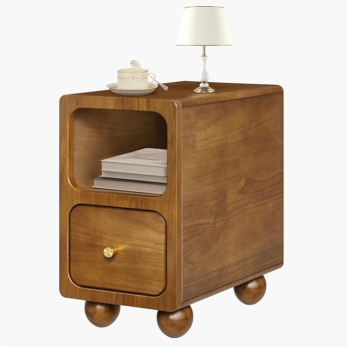 Small Narrow Nightstand with Drawers, Solid Wood Nightstand, Walnut Night Stand, Mid Century Side Table, Modern Bedside Tables for Bedroom (10 inch)