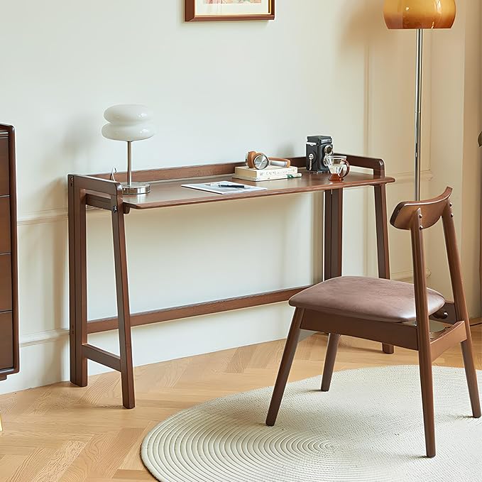 Computer Desk, Foldable Desk, Home Office Desks, Solid Wood Writing Desk, Mid Century Modern Desks, Oak Study Table, Folding Desks for Small Spaces, 31.5 W x 27.6 H x 13.6 D Inches, Walnut