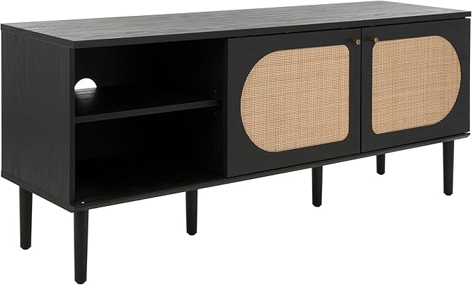 SAFAVIEH Claude TV Stand for up to 65" Flatscreen – Black, 2 Sliding Doors with Interior Storage, 2 Open Shelves, Entertainment Media Console (MED9610B)