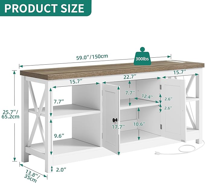 YITAHOME TV Stands for Living Room, Modern Entertainment Center with Power Outlets for Television up to 65 Inch, Farmhouse Media Console TV Cabinet with Adjustable Shelf & Open Shelves, White