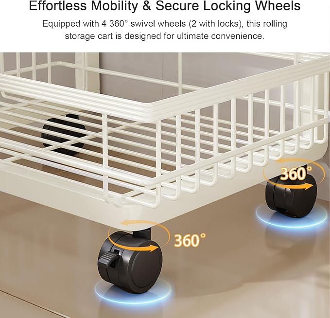 4-Tier Kitchen Storage Cart, Metal Utility Rolling Cart with Wheels, Versatile Rolling Storage Snack Cart, Adjustable Fruit Vegetable Basket Rack for Pantry, Bathroom, Kitchen, Office (Milky White)