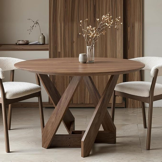 Acanva 47" Small Round Dining Table for 4 Person, MDF Top and Sturdy Wood Base Structure, Modern Design for Kitchen, Compact Space & Apartment, Walnut Brown