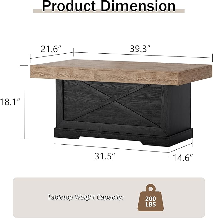 Coffee Table 39 in Rustic Center Table with X-Design Wooden Pedestal for Living Room, Space Saving, Easy Assembly Rectangle Home Office Tea Accent Table for Apartment, Dark Oak Black