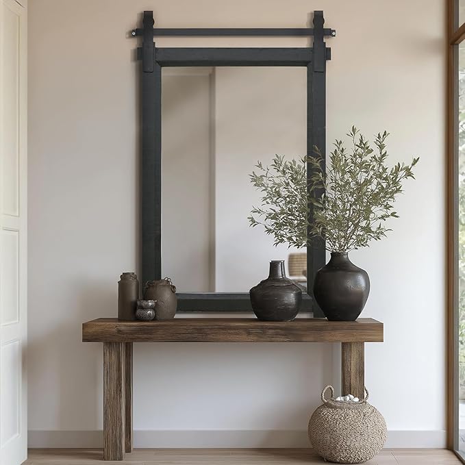 Rustic Barn Door Mirror: 24"x36" Black Farmhouse Wood Frame - Wall Mirror for Entryway/Bathroom/Living Room Wall Decor