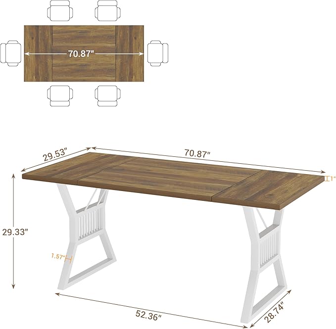 GarveeHome 70.8 Inch Dining Table 4-6 Person, Kitchen Table with Heavy Duty Metal Legs, Farmhouse Dining Room Table for Kitchen, Living Room