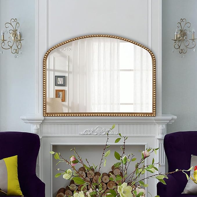 ironsmithn Gold Arched Mirror, 28"x36" Antique Mirrors with Beaded Frame, Classic Vintage Decorative Mirror, Marlowe Accent Mirrors for Mantel Fireplace Bedroom Bathroom Living Room Entryway