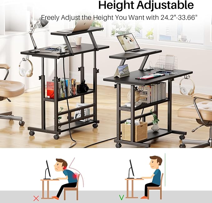 Adjustable Height Standing Desk with Power Outlets, Rolling Stand Up Desk with Monitor Stand and Storage Shelves, 31.5" Small Mobile Computer Desk, Portable Laptop Table (Black with Monitor Stand)
