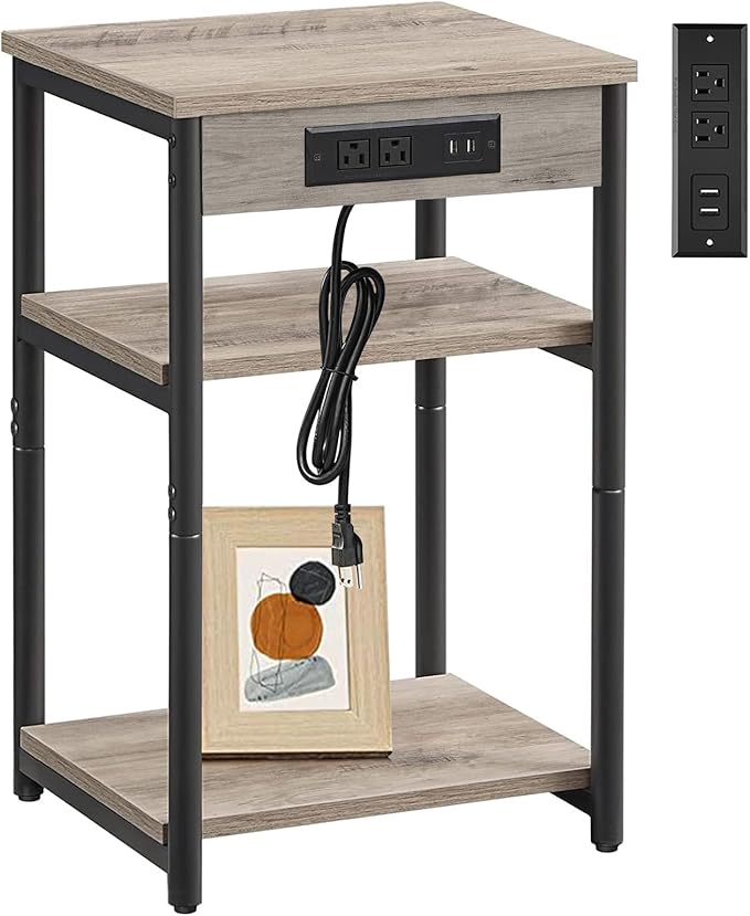 TUTOTAK End Table with Charging Station, Nightstand, 3-Tier Couch Side Table with USB Ports and Outlets, Bedside Table for Small Space, Living Room TB01BG026