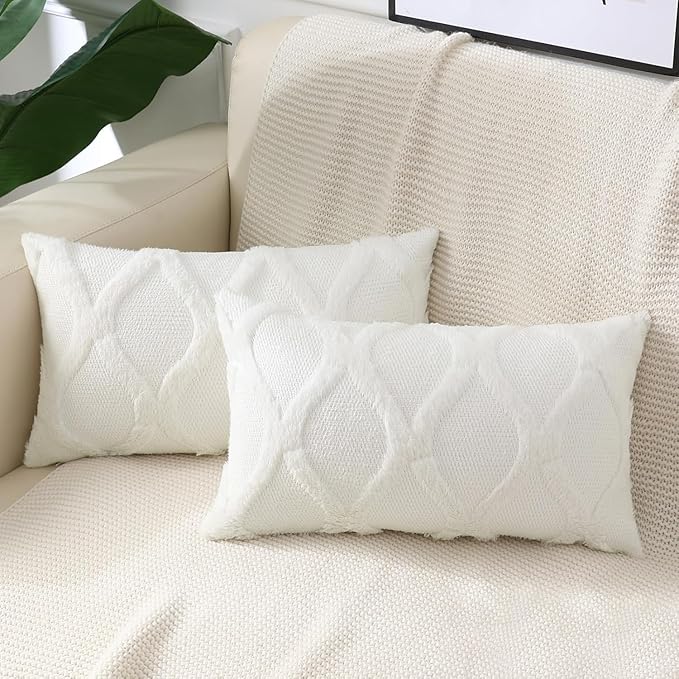 decorUhome Throw Pillow Covers 12x20 Inch Set of 2, Soft Plush Faux Fur Wool Lumbar Cream White Couch Pillow Covers, Decorative Neutral Pillow Cases for Bed Sofa Living Room Home Decor