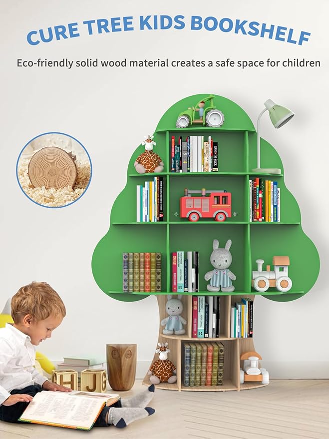 Tree Kids Bookshelf, Toddler Wood Bookcase, 16-Cubby Children Toy Storage Organizer Book Shelf for Kids Rooms, Nursery, Bedroom, Living Room, Classroom, Boy Girl’s Gift (Green Tree)