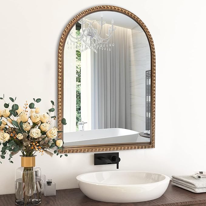 ironsmithn Gold Arched Mirror, 20"x30" Beaded Frame Arch Mirrors, Marlowe Decorative Accent Mirrors for Bathroom Fireplace Bedroom Living Room, Entryway, Antique Gold