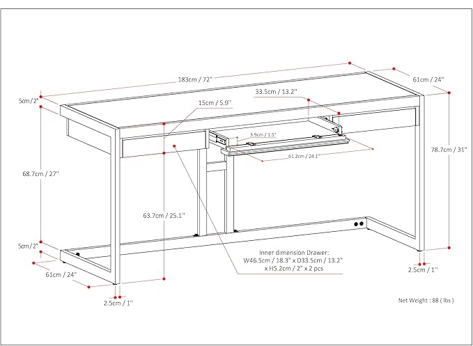 SIMPLIHOME Erina Large Desk - 72-Inch Wide Solid Acacia Wood and Metal Writing Desk in Rustic Natural Aged Brown, Modern Industrial Home Office Computer Table with Drawers and Flip-Down Keyboard Tray