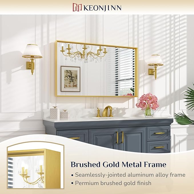Keonjinn Gold Mirror for Bathroom 40 x 24 Inch Brushed Gold Mirror for Wall Metal Framed Rectangular Mirror for Bathroom Sink Gold Vanity Mirror Full Length Rectangle Mirror(Horizontal/Vertical)